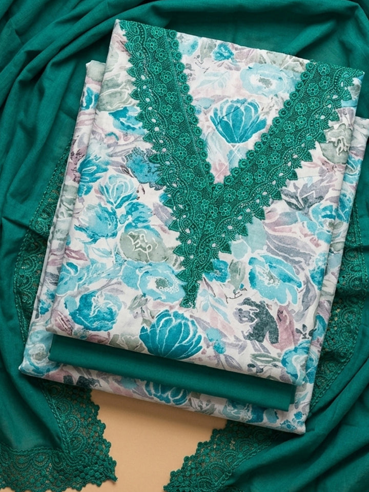 Green Embroidered Cotton Blend Unstitched Suit &amp; Pant With Cotton Dupatta