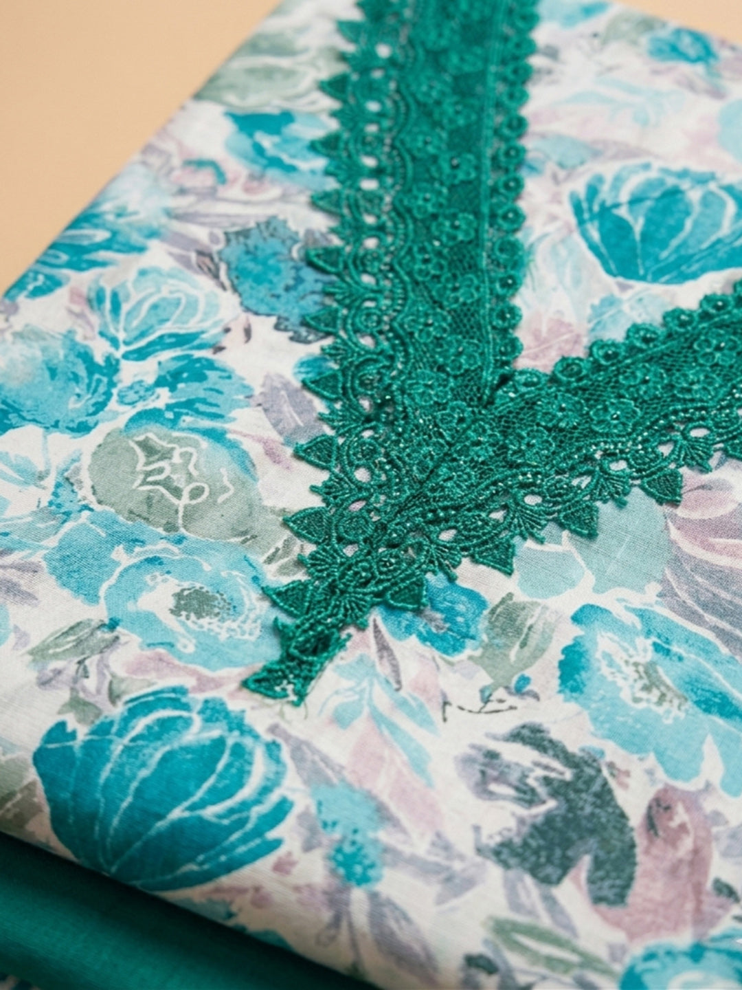 Green Embroidered Cotton Blend Unstitched Suit &amp; Pant With Cotton Dupatta