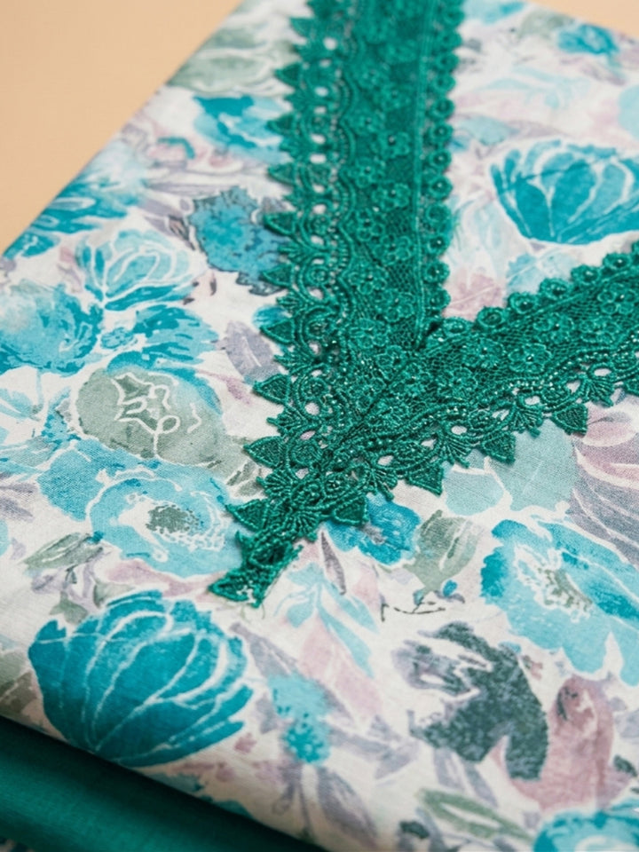 Green Embroidered Cotton Blend Unstitched Suit &amp; Pant With Cotton Dupatta