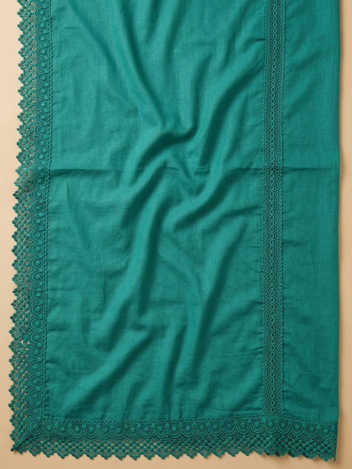 Green Embroidered Cotton Blend Unstitched Suit &amp; Pant With Cotton Dupatta