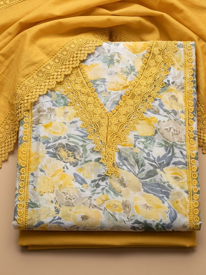 Mustard Embroidered Cotton Blend Unstitched Suit &amp; Pant With Cotton Dupatta