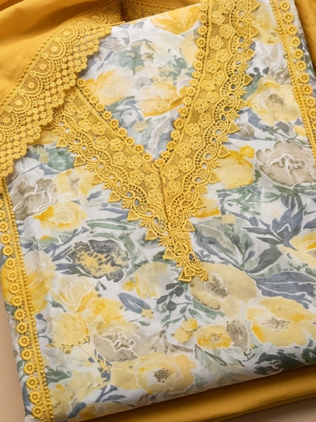 Mustard Embroidered Cotton Blend Unstitched Suit &amp; Pant With Cotton Dupatta
