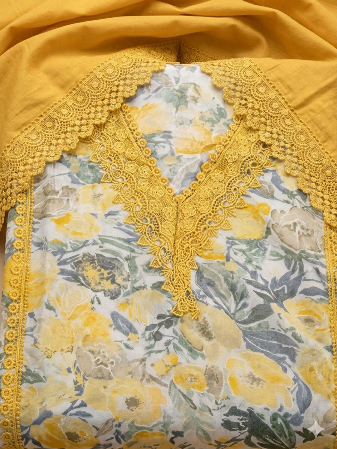 Mustard Embroidered Cotton Blend Unstitched Suit &amp; Pant With Cotton Dupatta