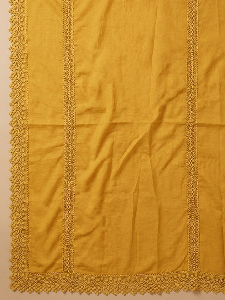 Mustard Embroidered Cotton Blend Unstitched Suit &amp; Pant With Cotton Dupatta