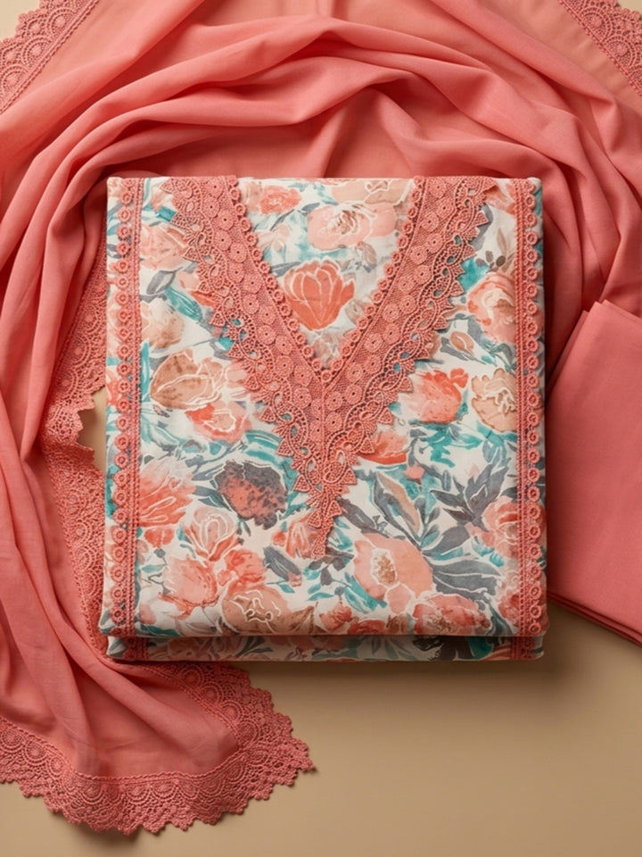 Peach Embroidered Cotton Blend Unstitched Suit &amp; Pant With Cotton Dupatta
