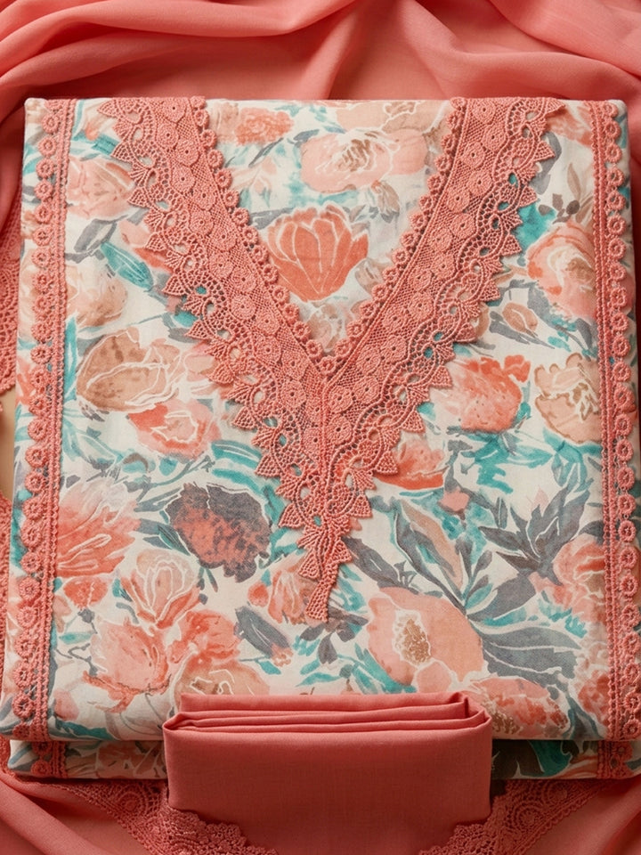 Peach Embroidered Cotton Blend Unstitched Suit &amp; Pant With Cotton Dupatta
