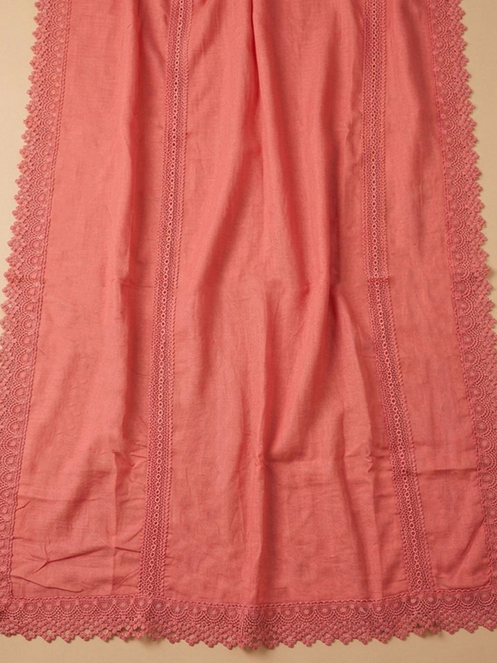 Peach Embroidered Cotton Blend Unstitched Suit &amp; Pant With Cotton Dupatta
