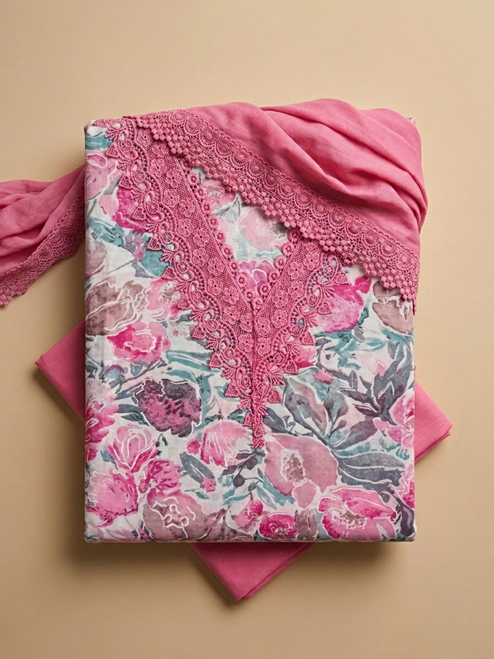 Pink Embroidered Cotton Blend Unstitched Suit &amp; Pant With Cotton Dupatta