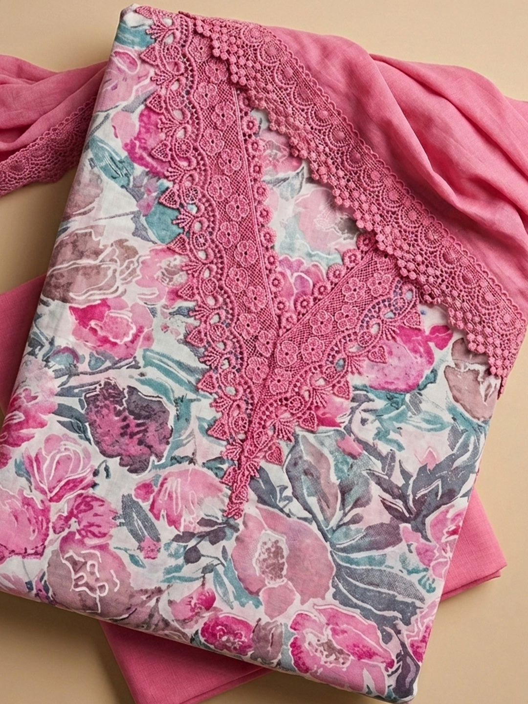 Pink Embroidered Cotton Blend Unstitched Suit &amp; Pant With Cotton Dupatta