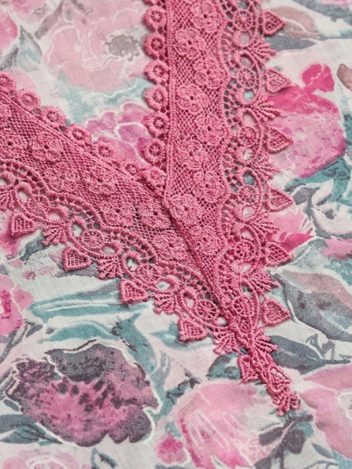 Pink Embroidered Cotton Blend Unstitched Suit &amp; Pant With Cotton Dupatta