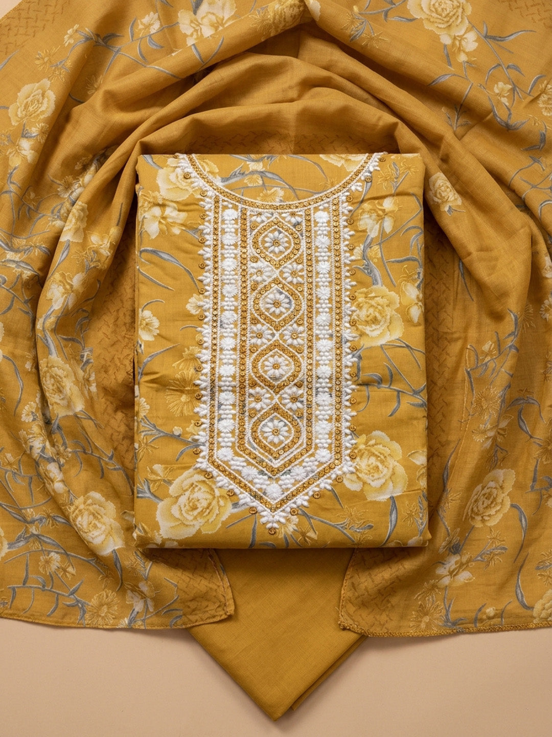 Mustard Embroidery Cotton Blend Unstitched Dress Material
