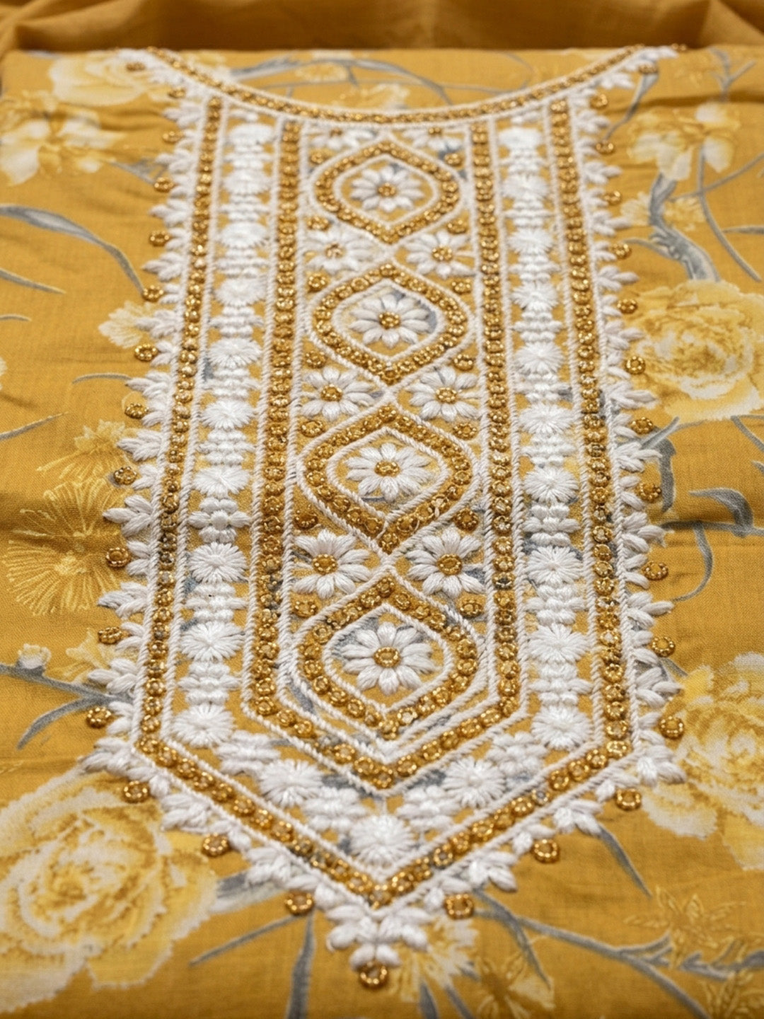 Mustard Embroidery Cotton Blend Unstitched Dress Material
