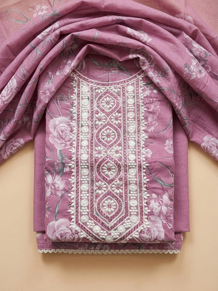 Onion Pink Embroidery Cotton Blend Unstitched Dress Material