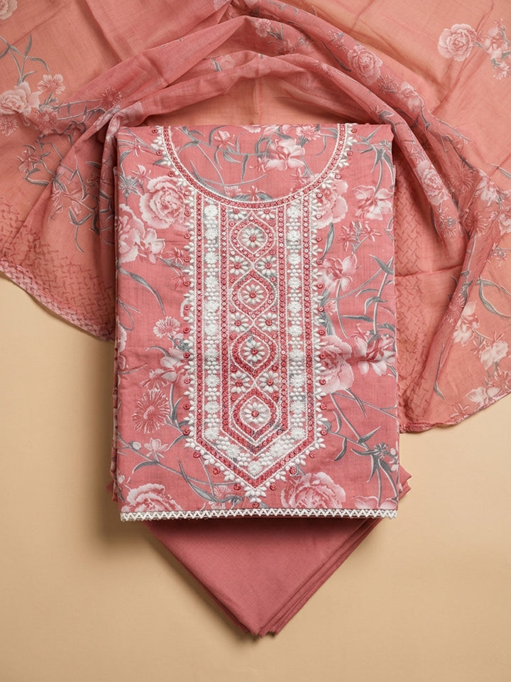 Peach Embroidery Cotton Blend Unstitched Dress Material