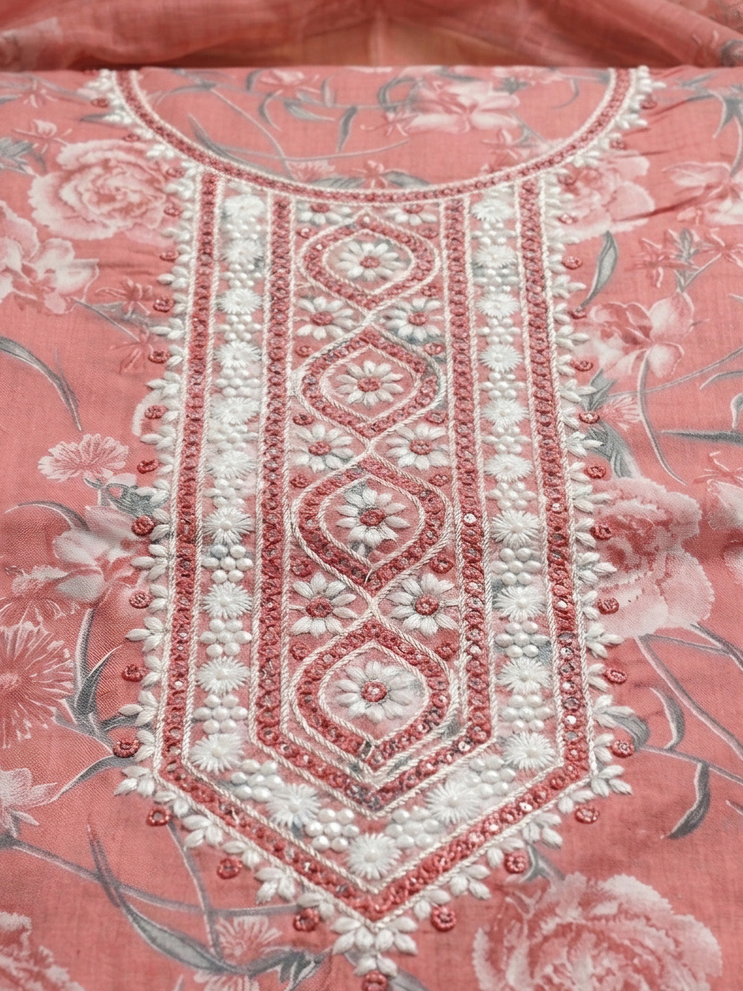 Peach Embroidery Cotton Blend Unstitched Dress Material
