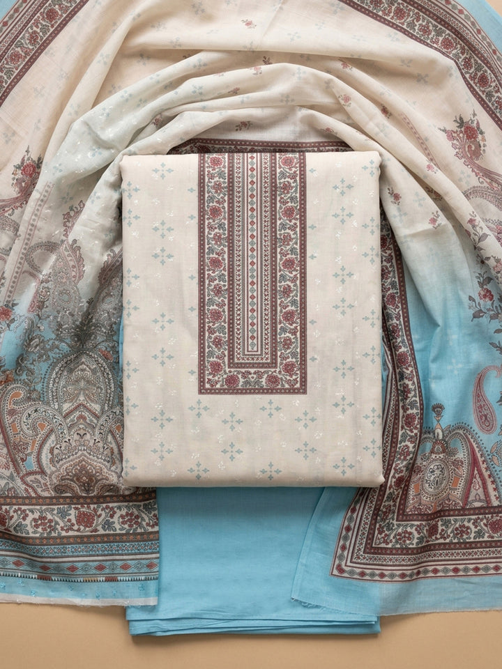 Firozee Printed Cotton Blend Unstitched Suit &amp; Pant With Cotton Dupatta