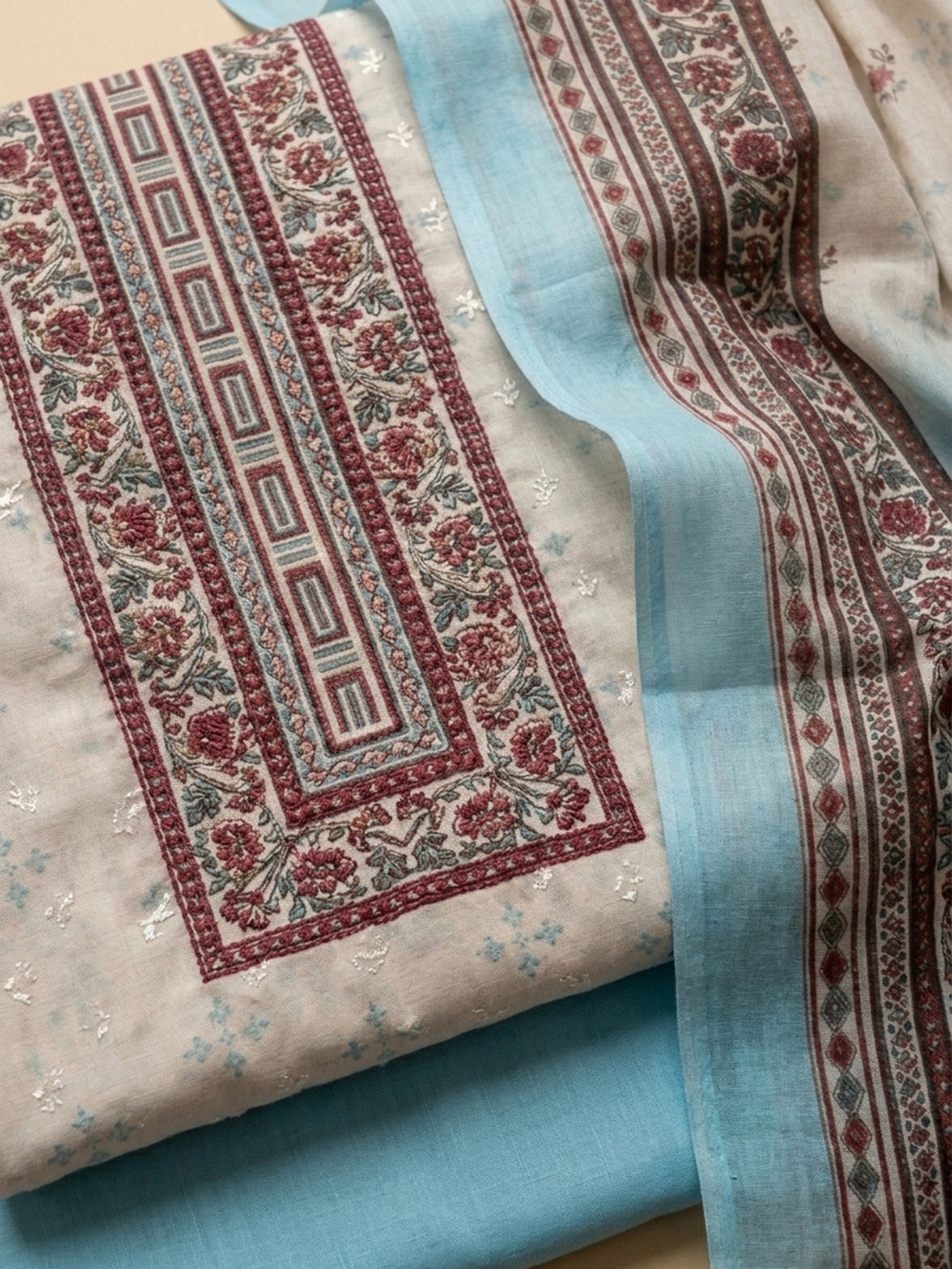 Firozee Printed Cotton Blend Unstitched Suit &amp; Pant With Cotton Dupatta