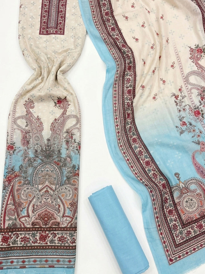 Firozee Printed Cotton Blend Unstitched Suit &amp; Pant With Cotton Dupatta