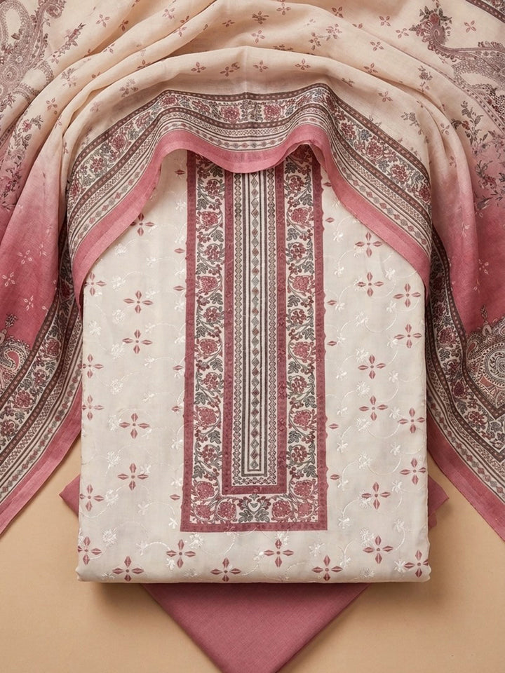 Onion Pink Printed Cotton Blend Unstitched Suit &amp; Pant With Cotton Dupatta