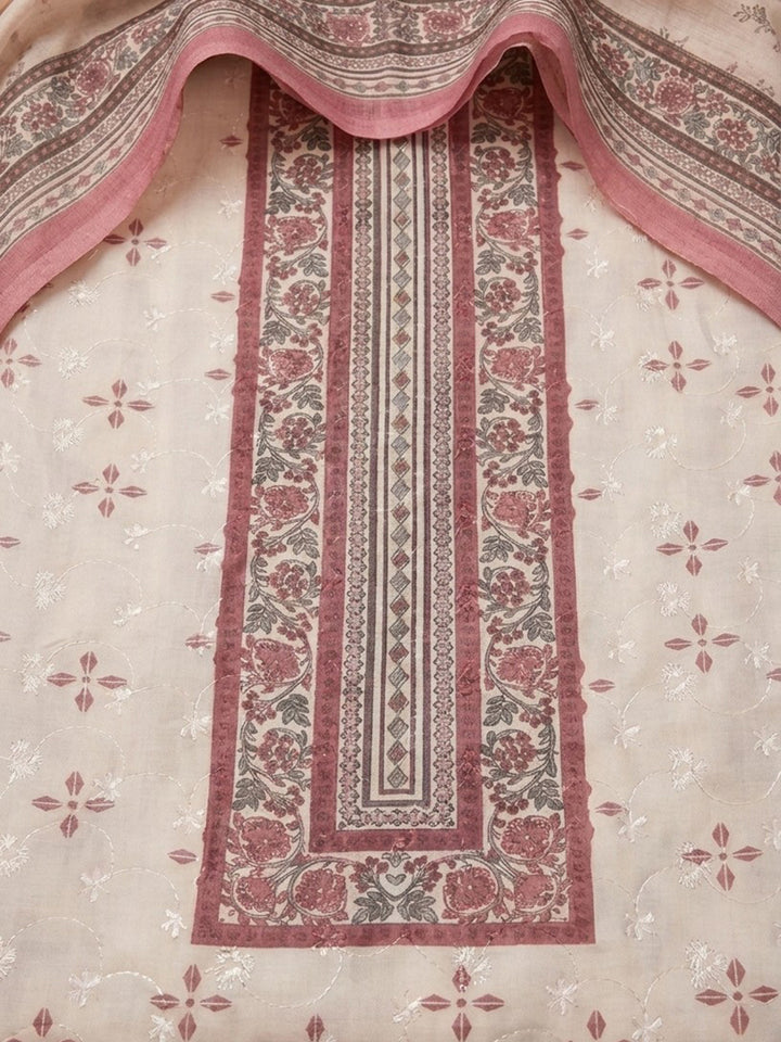 Onion Pink Printed Cotton Blend Unstitched Suit &amp; Pant With Cotton Dupatta
