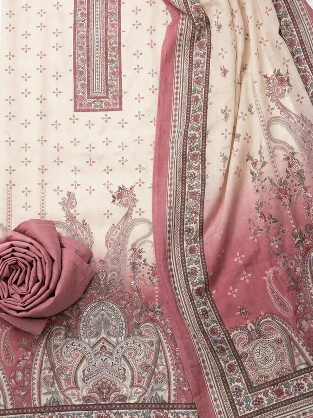 Onion Pink Printed Cotton Blend Unstitched Suit &amp; Pant With Cotton Dupatta