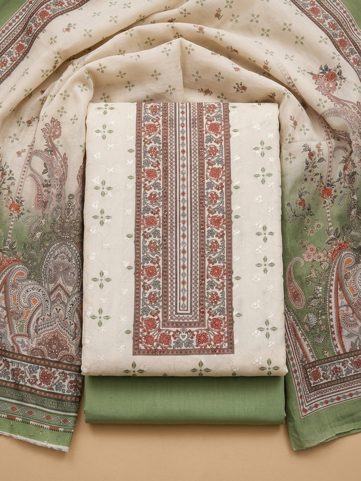 Pista Green Printed Cotton Blend Unstitched Suit &amp; Pant With Cotton Dupatta