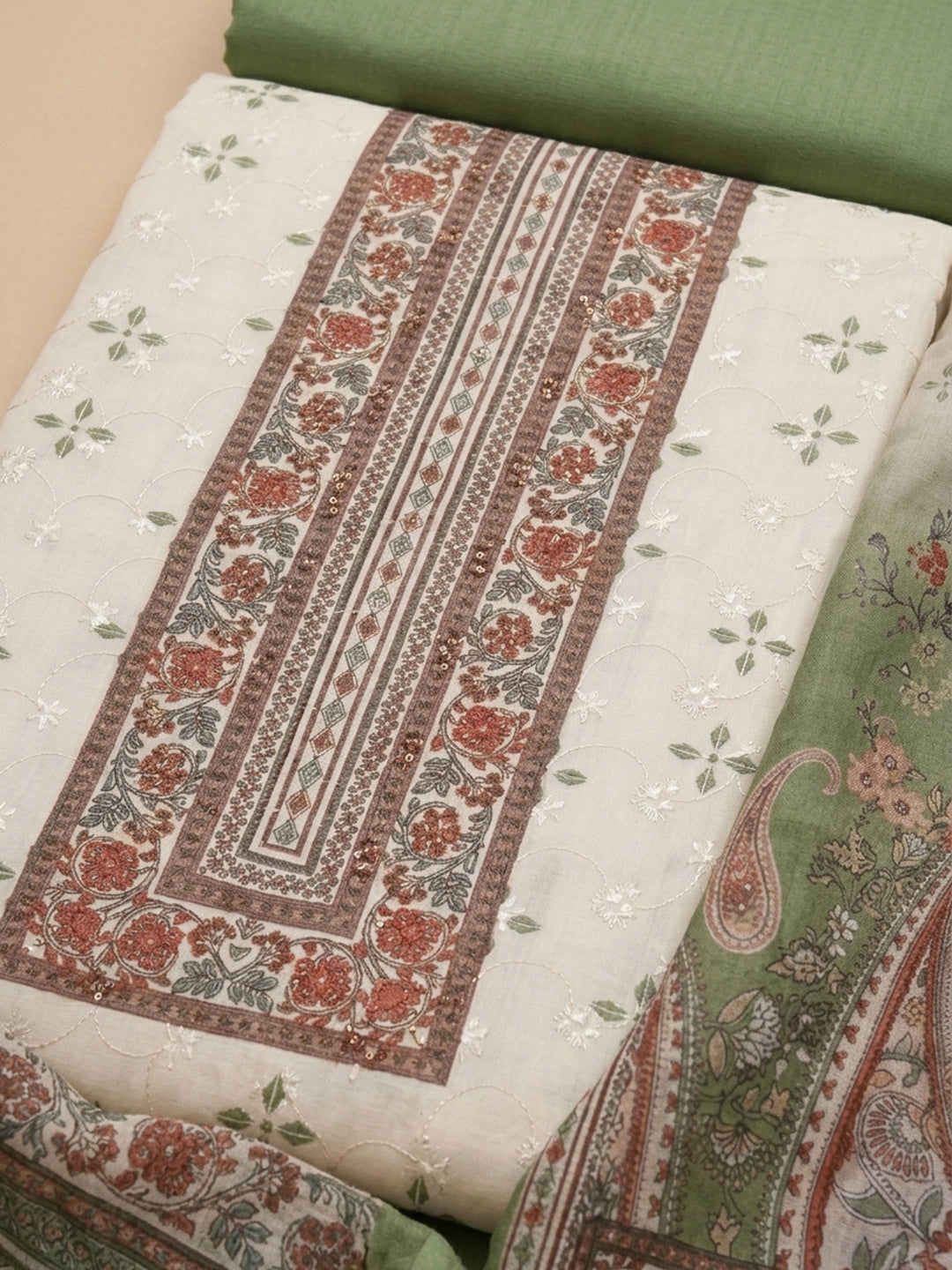 Pista Green Printed Cotton Blend Unstitched Suit &amp; Pant With Cotton Dupatta