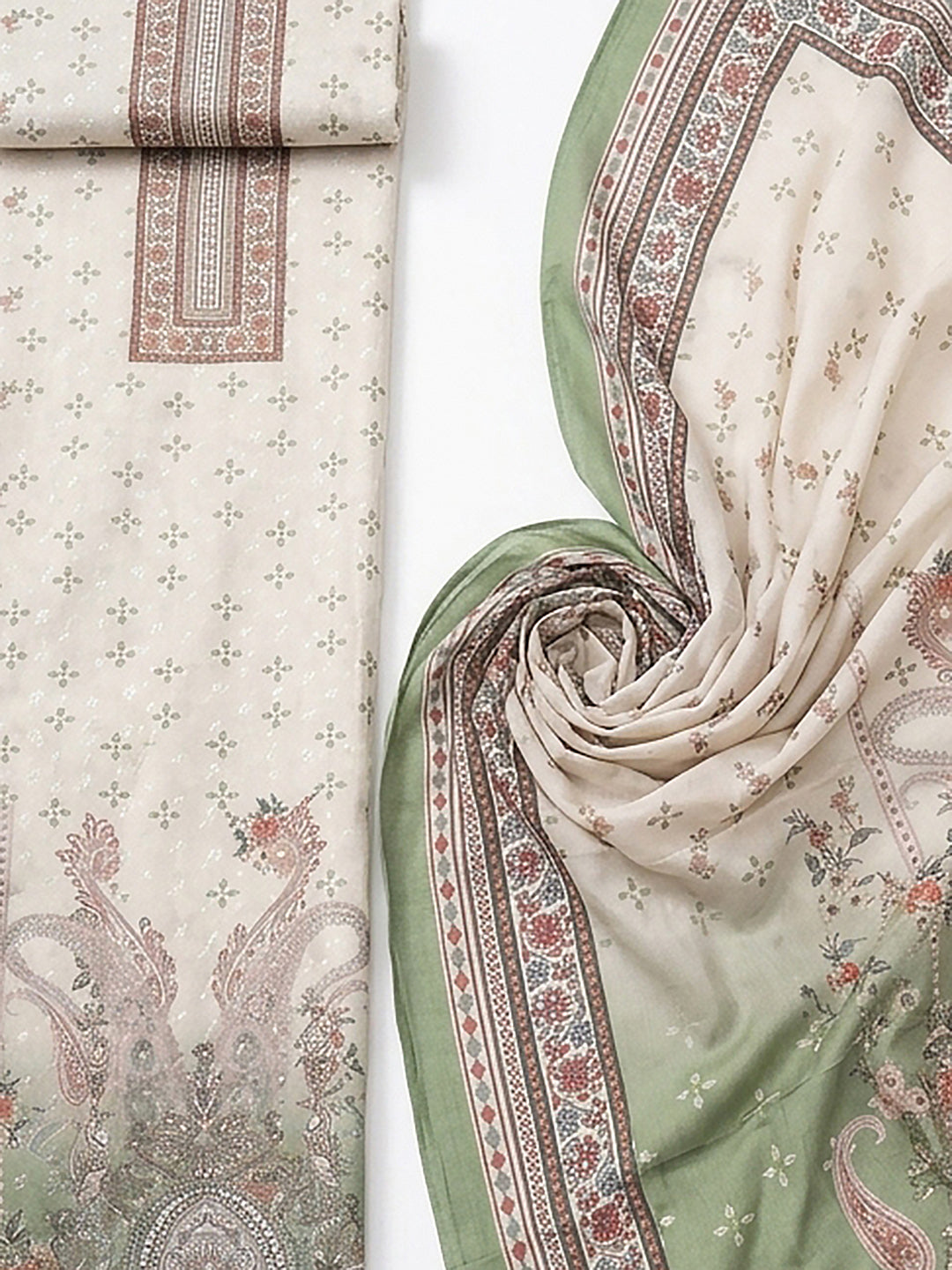 Pista Green Printed Cotton Blend Unstitched Suit &amp; Pant With Cotton Dupatta
