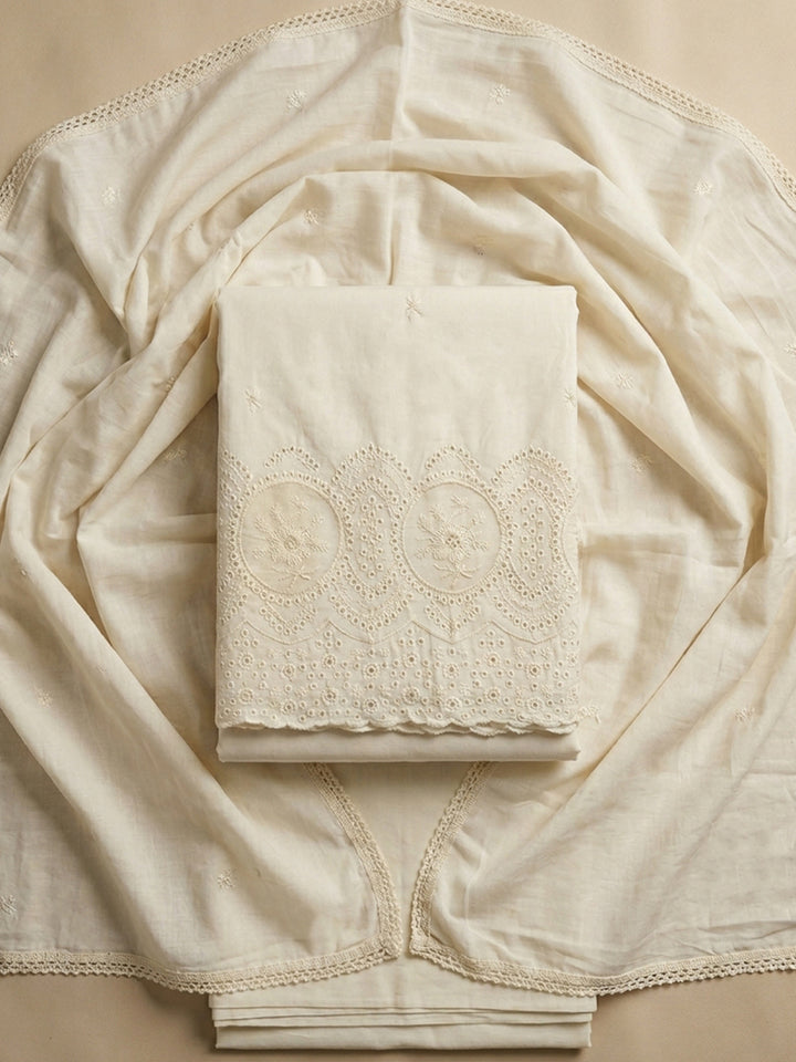 Cream Embroidered Cotton Blend Unstitched Suit &amp; Pant With Cotton Dupatta