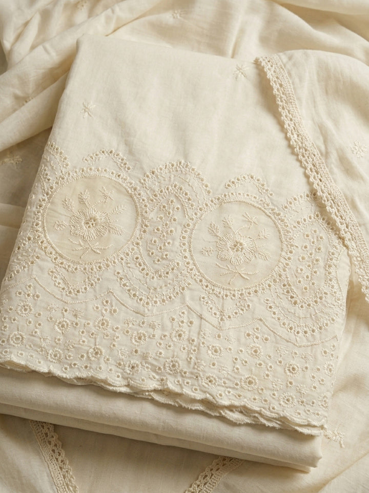 Cream Embroidered Cotton Blend Unstitched Suit &amp; Pant With Cotton Dupatta
