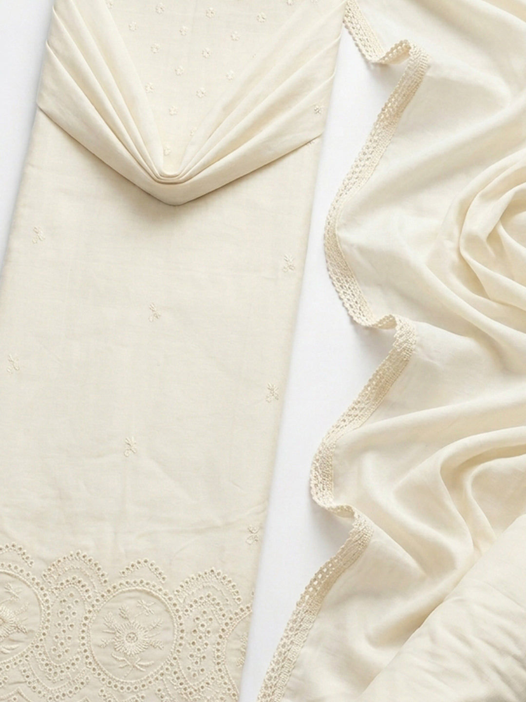 Cream Embroidered Cotton Blend Unstitched Suit &amp; Pant With Cotton Dupatta