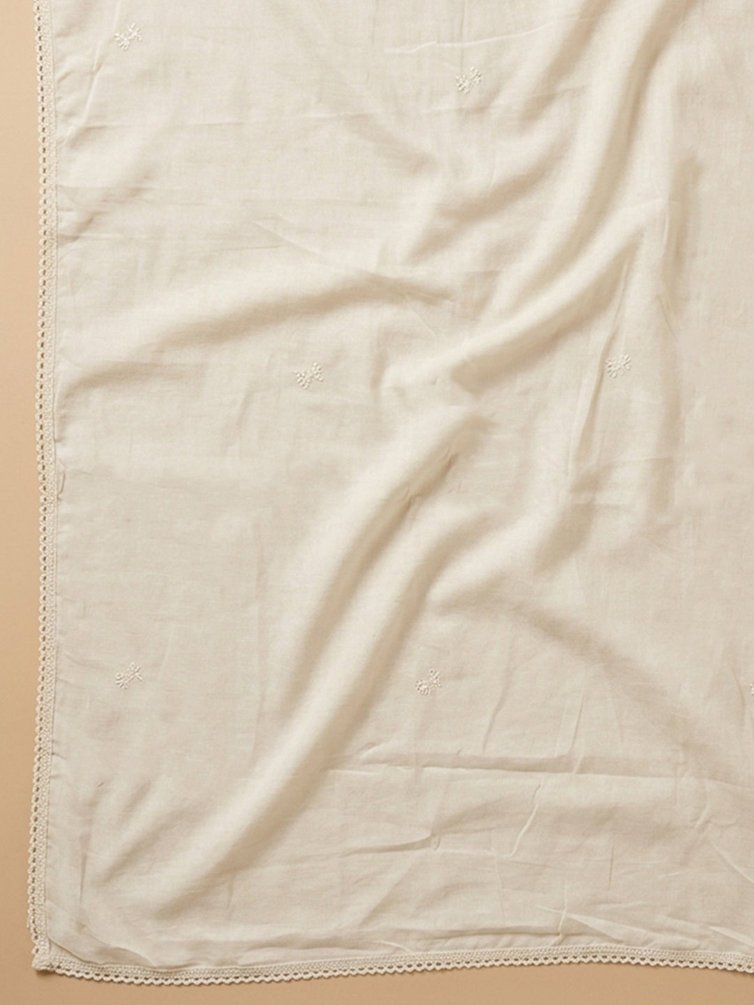 Cream Embroidered Cotton Blend Unstitched Suit &amp; Pant With Cotton Dupatta