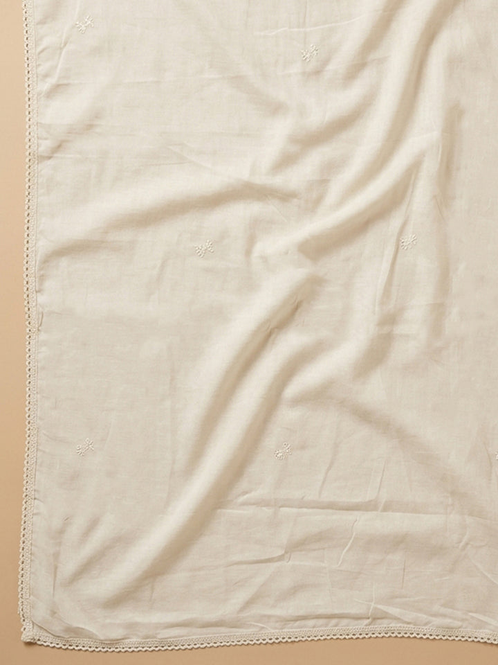 Cream Embroidered Cotton Blend Unstitched Suit &amp; Pant With Cotton Dupatta