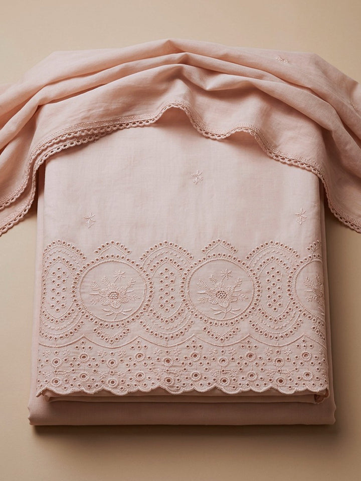 Peach Embroidered Cotton Blend Unstitched Suit &amp; Pant With Cotton Dupatta