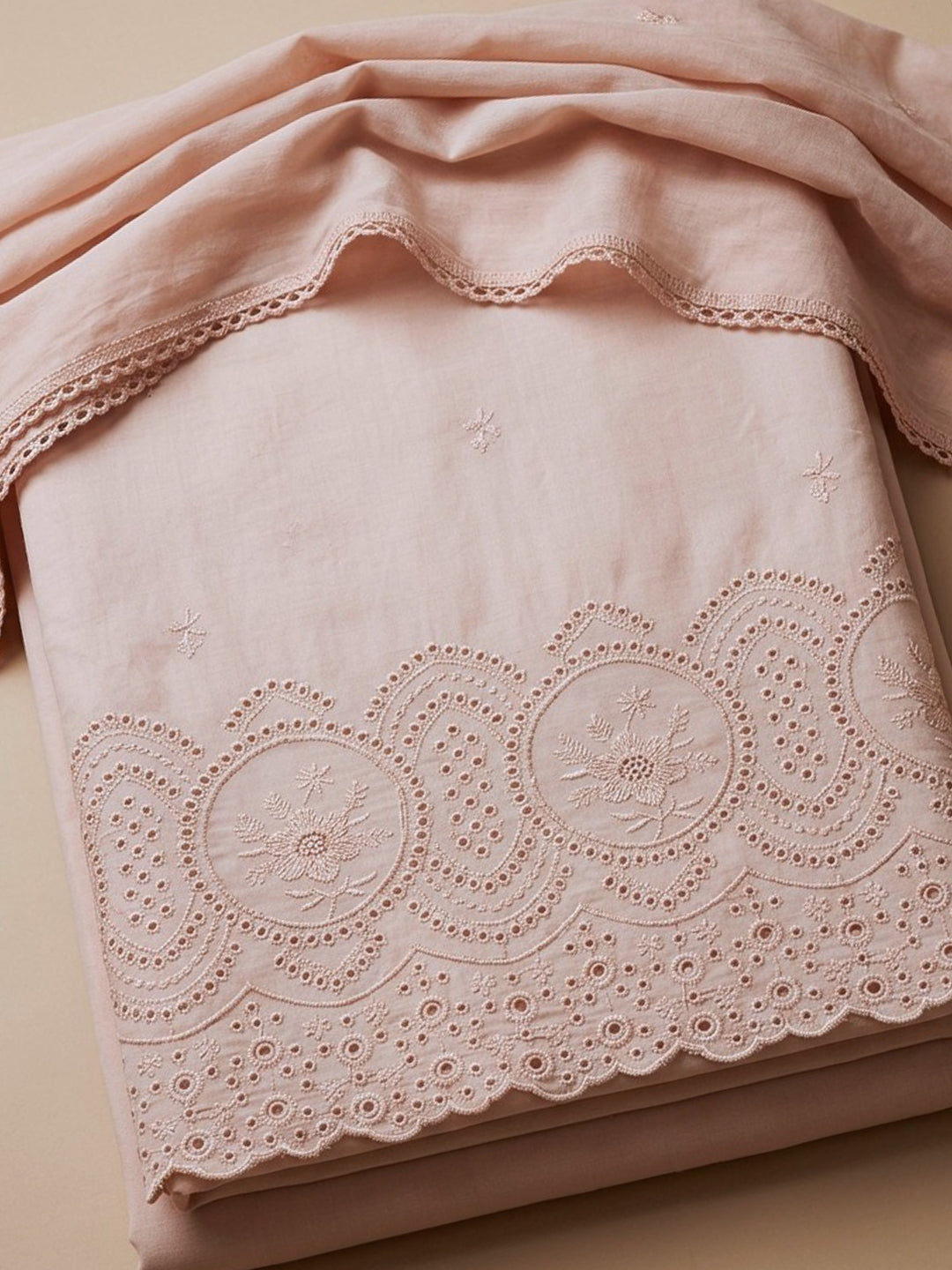 Peach Embroidered Cotton Blend Unstitched Suit &amp; Pant With Cotton Dupatta
