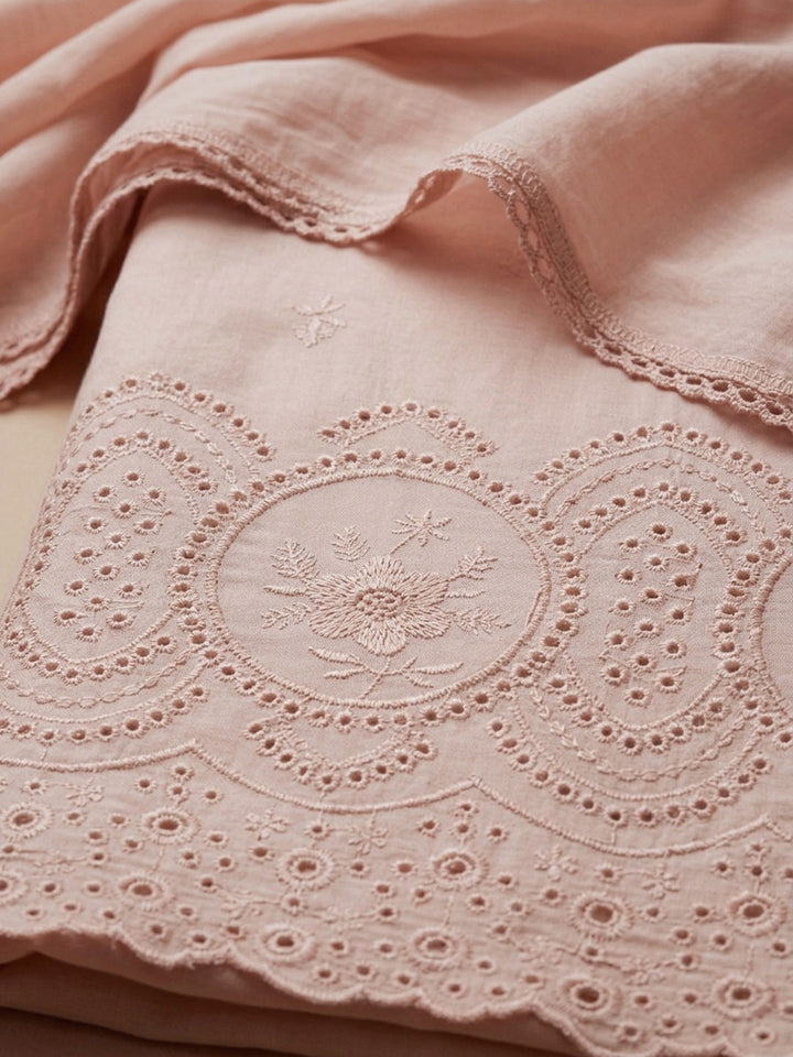 Peach Embroidered Cotton Blend Unstitched Suit &amp; Pant With Cotton Dupatta