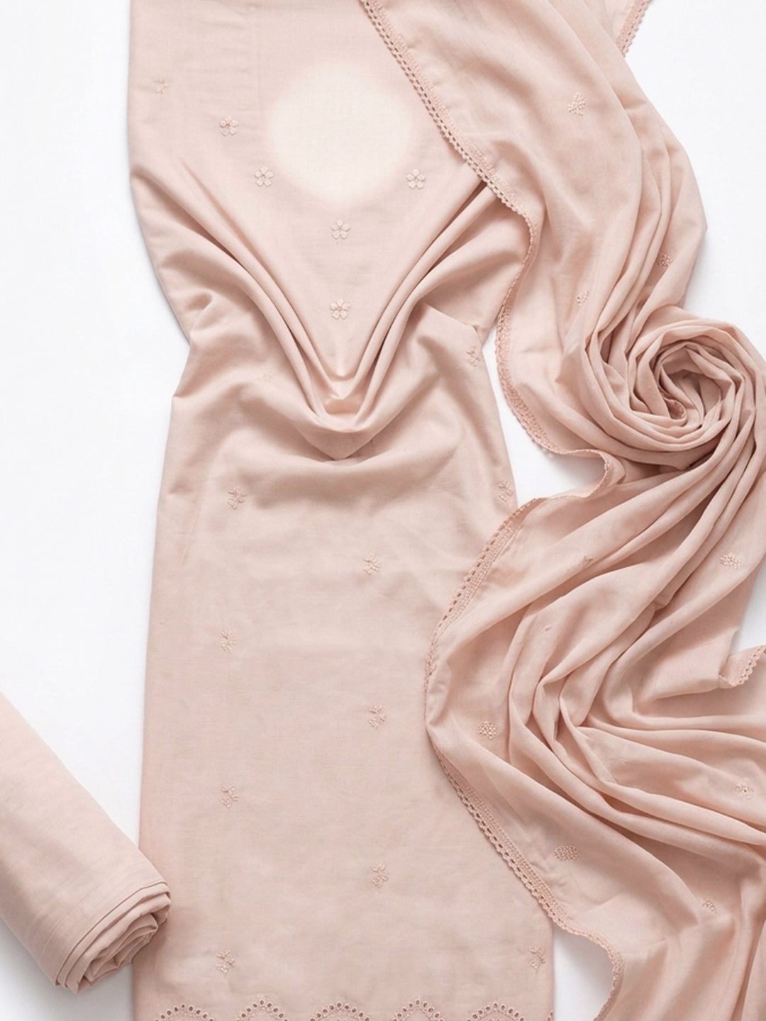 Peach Embroidered Cotton Blend Unstitched Suit &amp; Pant With Cotton Dupatta