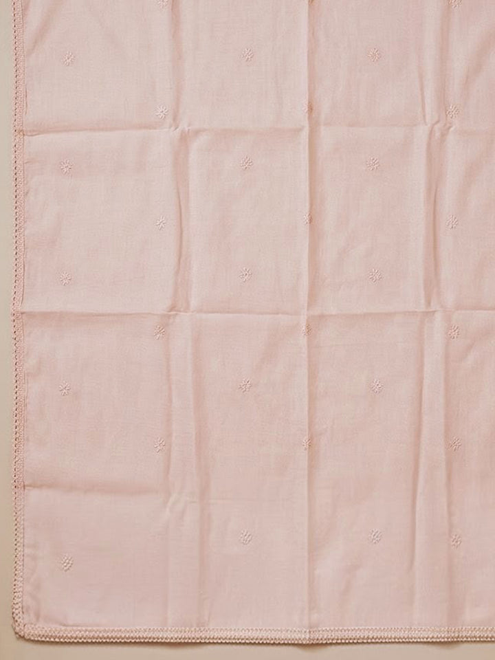Peach Embroidered Cotton Blend Unstitched Suit &amp; Pant With Cotton Dupatta