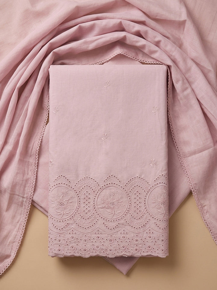 Pink Embroidered Cotton Blend Unstitched Suit &amp; Pant With Cotton Dupatta