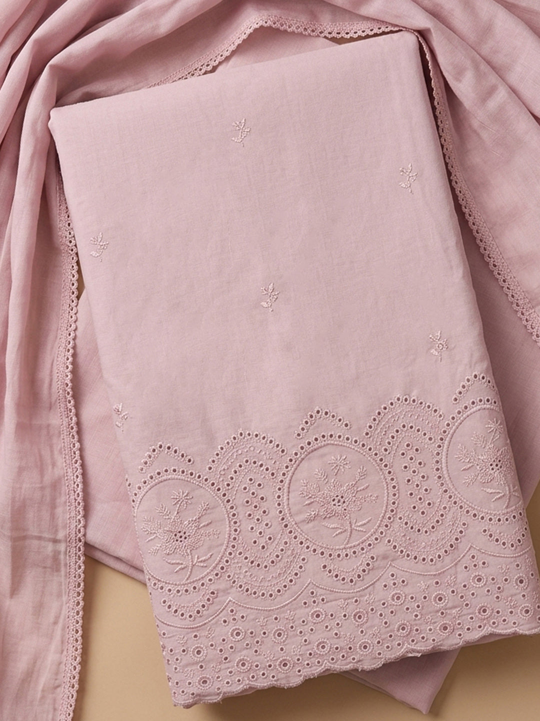 Pink Embroidered Cotton Blend Unstitched Suit &amp; Pant With Cotton Dupatta