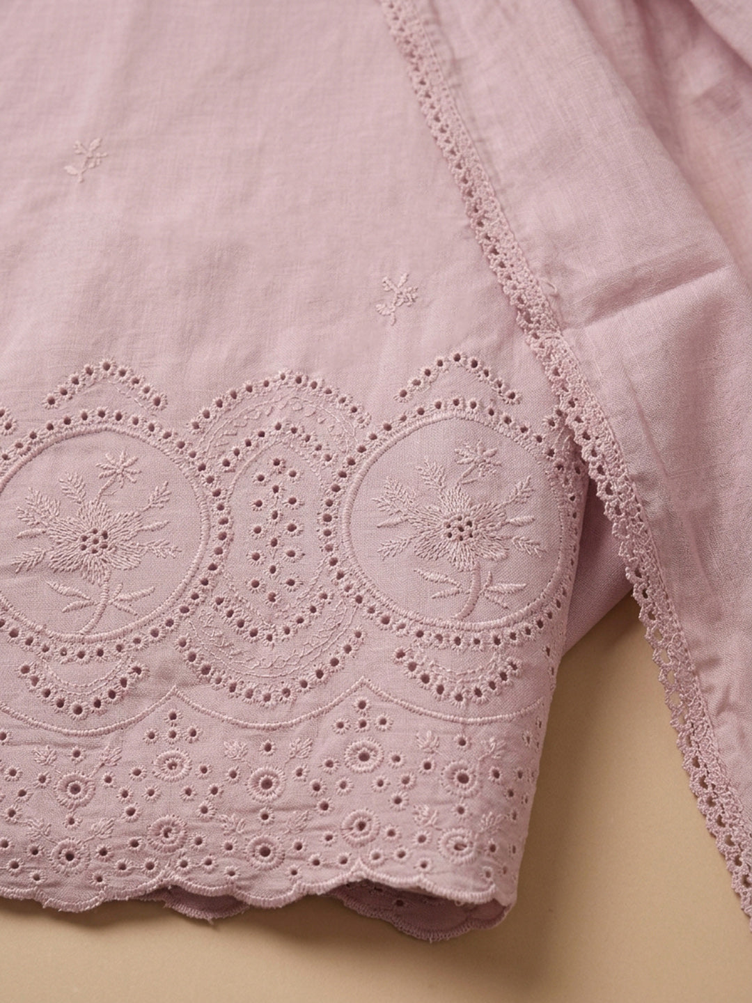 Pink Embroidered Cotton Blend Unstitched Suit &amp; Pant With Cotton Dupatta