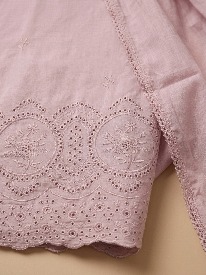 Pink Embroidered Cotton Blend Unstitched Suit &amp; Pant With Cotton Dupatta