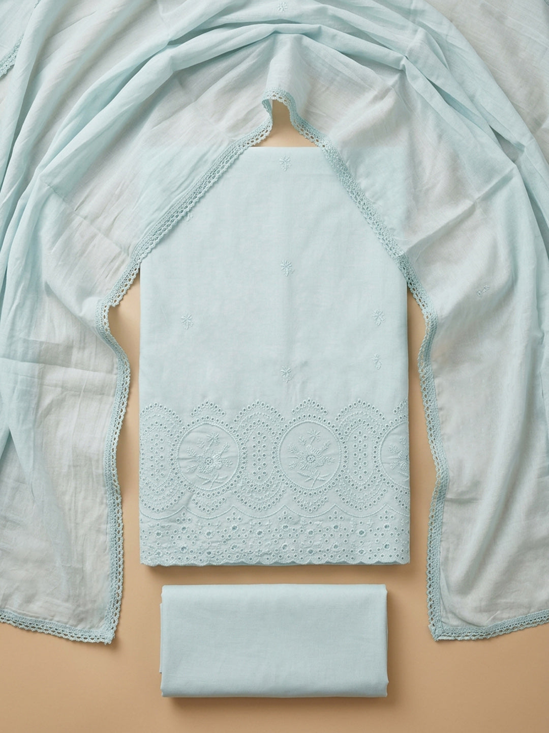Sea Green Embroidered Cotton Blend Unstitched Suit &amp; Pant With Cotton Dupatta