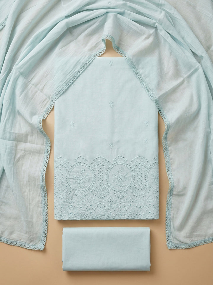 Sea Green Embroidered Cotton Blend Unstitched Suit &amp; Pant With Cotton Dupatta