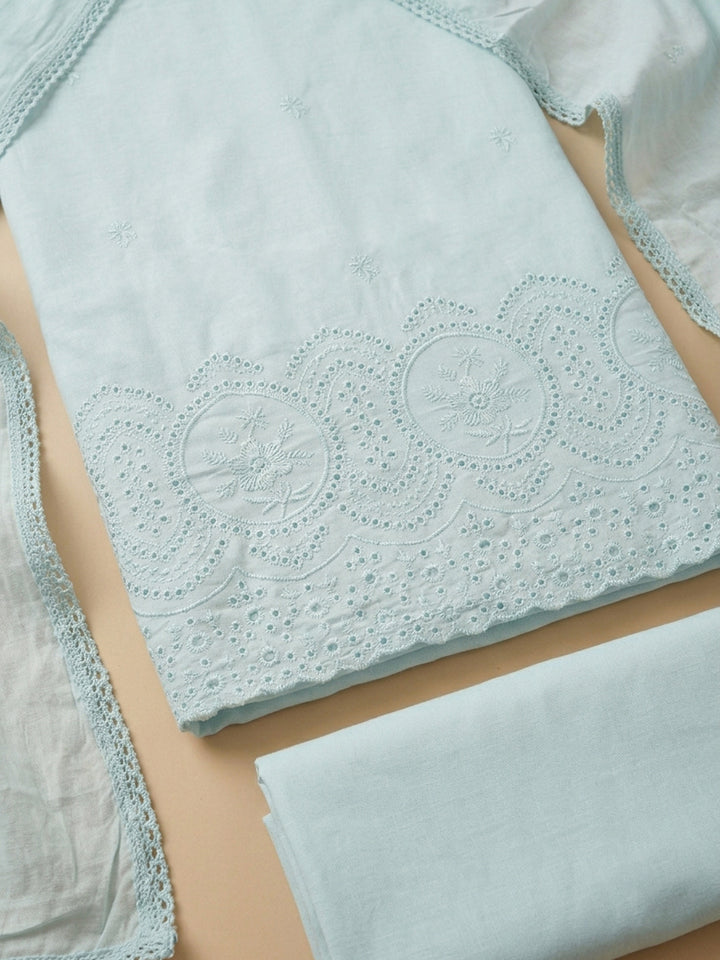 Sea Green Embroidered Cotton Blend Unstitched Suit &amp; Pant With Cotton Dupatta