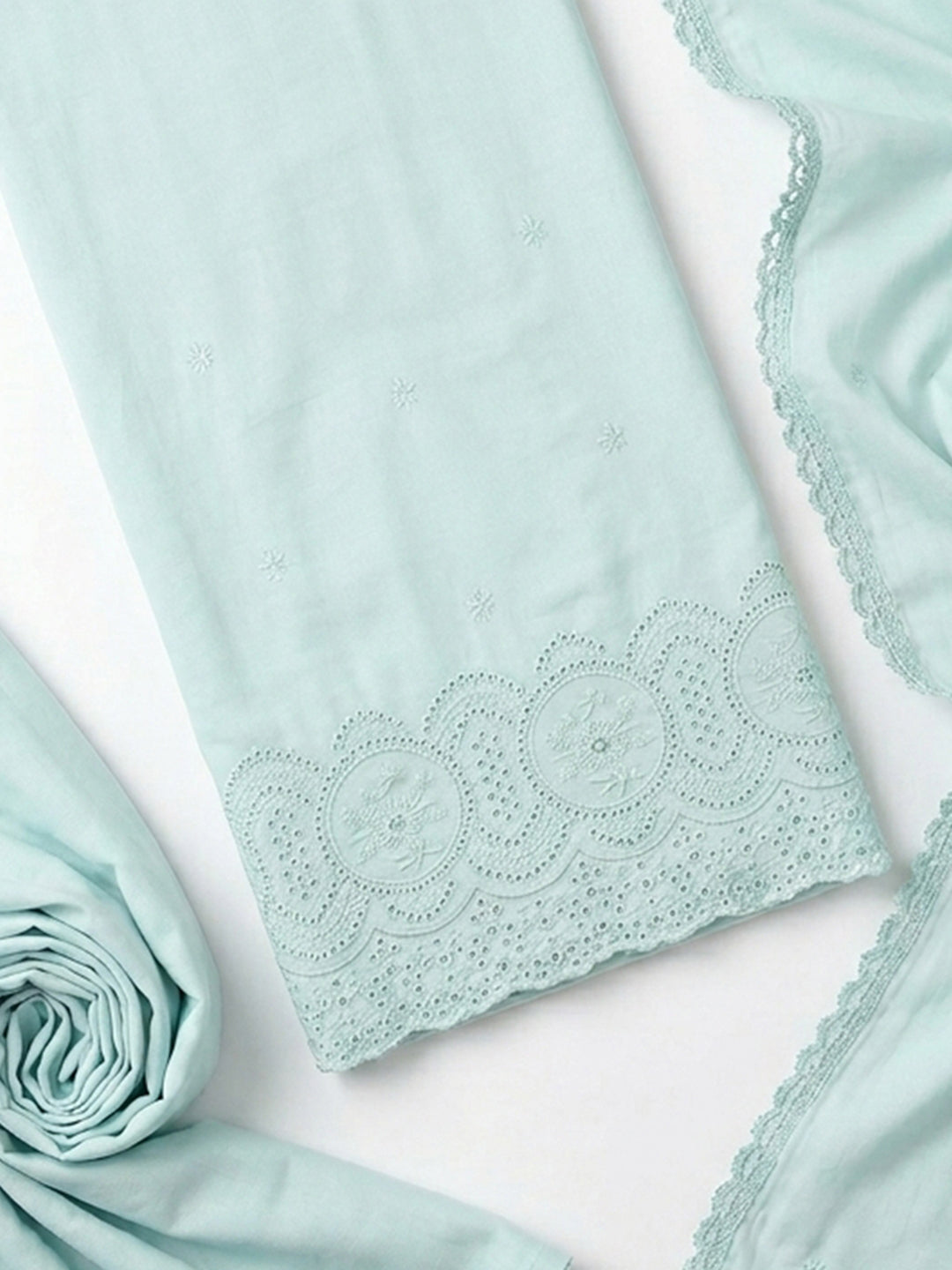 Sea Green Embroidered Cotton Blend Unstitched Suit &amp; Pant With Cotton Dupatta