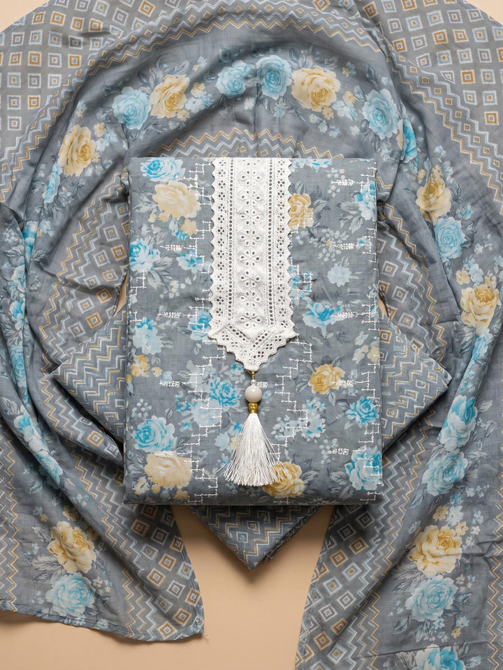 Grey Embroidered Cotton Blend Unstitched Suit &amp; Pant With Cotton Dupatta