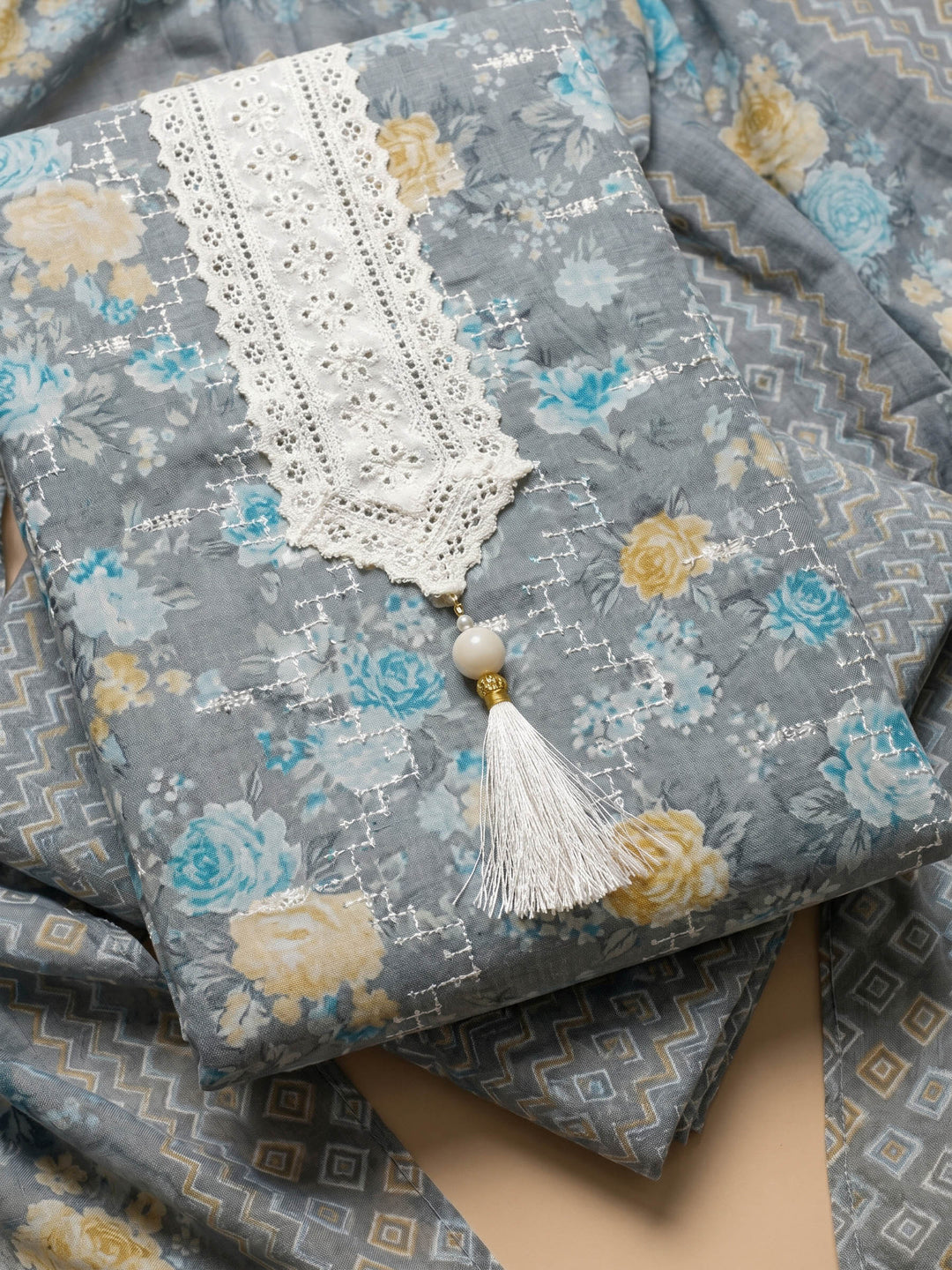 Grey Embroidered Cotton Blend Unstitched Suit &amp; Pant With Cotton Dupatta