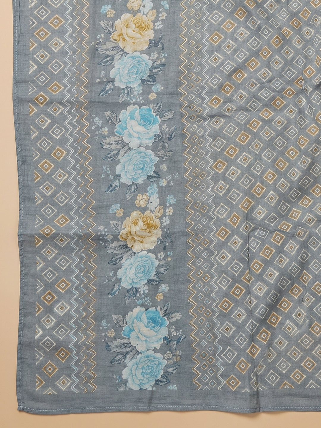 Grey Embroidered Cotton Blend Unstitched Suit &amp; Pant With Cotton Dupatta
