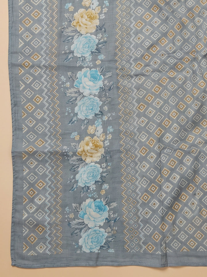 Grey Embroidered Cotton Blend Unstitched Suit &amp; Pant With Cotton Dupatta